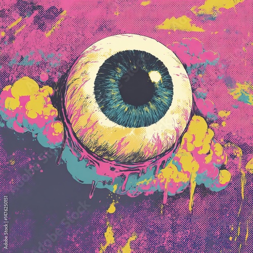 Giant eye dripping paint over psychedelic cloudscape