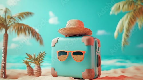 Tropical Vacation: Suitcase, Sunglasses, and Hat on a Sunny Beach