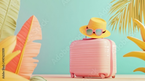 Tropical Getaway: Pink Suitcase Ready for Summer Vacation
