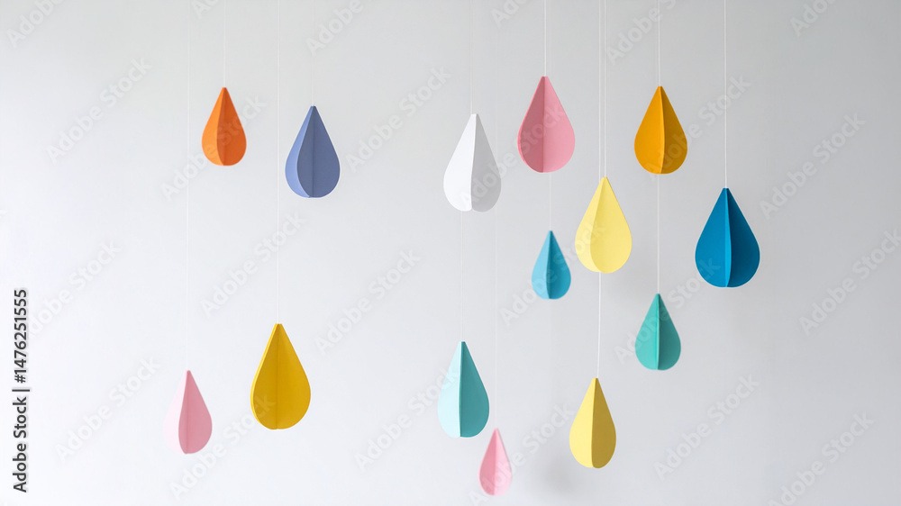 A collection of bright, teardrop-shaped paper decorations hang at varying heights, swaying gently. The rich hues of orange, blue, pink, white, yellow, and teal evoke themes of joyful celebration, craf A collection of bright, teardrop-shaped paper decorations hang at varying heights, swaying gently. The rich hues of orange, blue, pink, white, yellow, and teal evoke themes of joyful celebration, craf