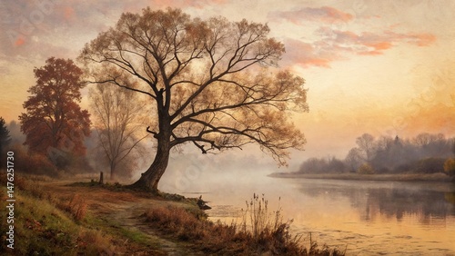 Serene Autumn Landscape with Golden Light and Misty River at Sunset