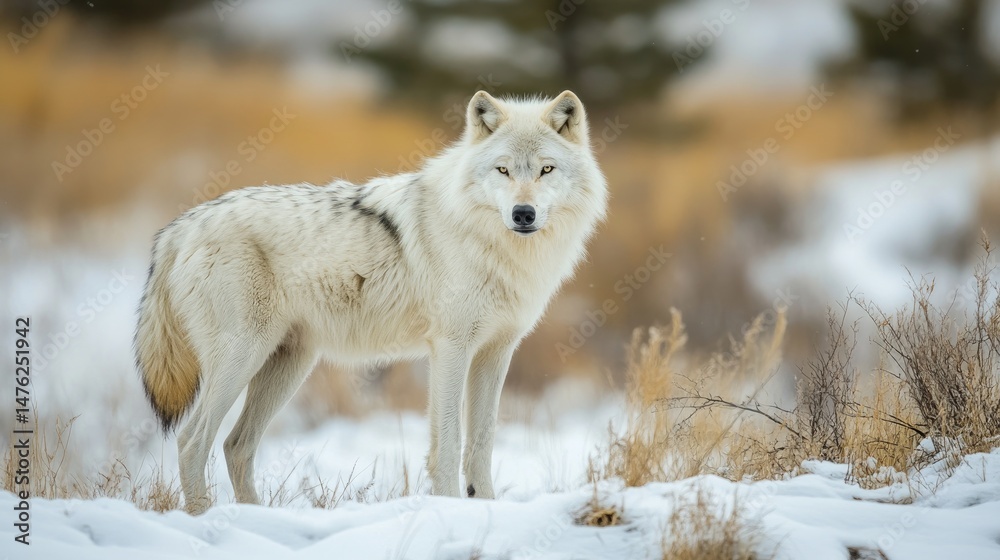Fototapeta premium Majestic White Wolf Standing In A Snowy Landscape, Looking Directly At The Viewer.
