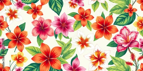 Seamless vector pattern of hand-drawn tropical flowers, leaving ample negative space, greenery,  seamless pattern