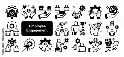 Employee engagement icon collection set. Containing workload, motivation, expectation, goal, recognition, appreciation, inclusion icon. Simple flat vector.

