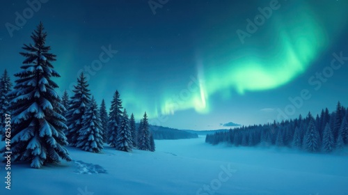 Enchanted Winter Night Snow-Covered Pine Trees Under a Celestial Aurora Display