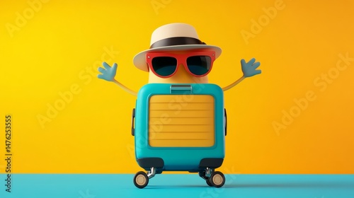 Ready for Vacation! A cheerful suitcase character, wearing a hat and sunglasses, excitedly awaits its journey.  Perfect for travel blogs or summer promotions.