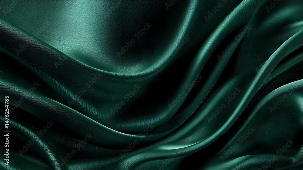 Obraz premium Smooth Dark Green Silk Satin Background with Graceful Wavy Folds, Beautiful Texture for Fashion Industry, Website Graphics, Print Layouts