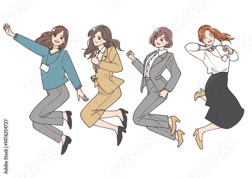 ジャンプしている若い女性のビジネスマンたちのイラストセット