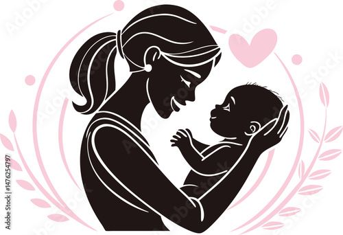 Mom and Baby Silhouette Design for Family Projects. Black Silhouette of Mom and Baby for Creative Use. Mother and Baby Silhouette Clipart Collection