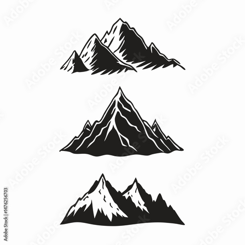 Three Black and White Mountain Peak Illustrations