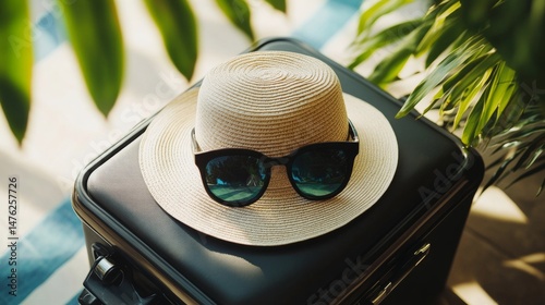 Summer Vacation Essentials: Sunglasses and Straw Hat Await Tropical Adventure