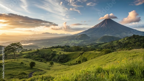 Scenic Landscape of Arenal Volcano with Lush Green Fields and Cloudy Sky