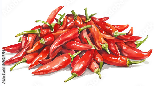 Vector illustration of a bunch of chili peppers on a white background, watercolor clipart illustration