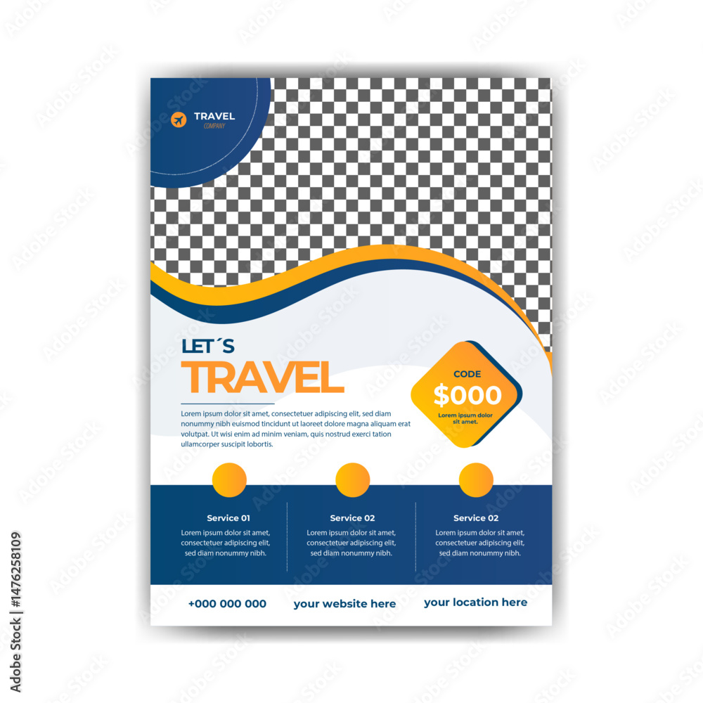 Template design for a modern travel flyer with venue and contact details. Promotional design for summer travel agencies.