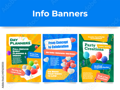 Event planning service info banners showcasing full-service design and consultation for various celebrations and parties