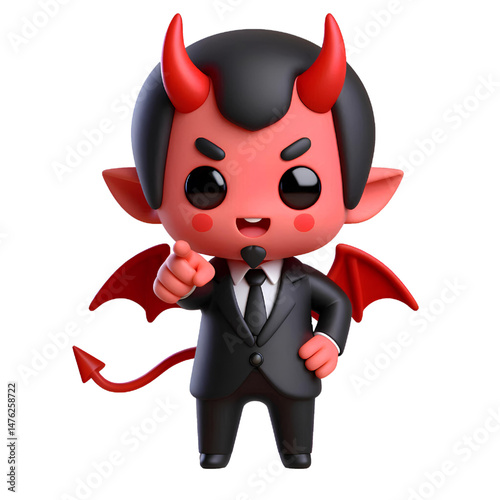 3D Cute demon pointing its finger isolated on white background