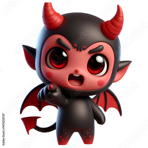 3D Cute demon pointing its finger isolated on white background