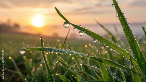 Sunrise illuminates dew drops clinging to blades of grass in the field