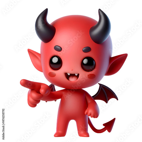 3D Cute demon pointing its finger isolated on white background