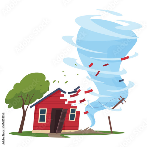 Tornado illustration showing a red house being damaged in a stormy landscape with swirling winds and flying debris