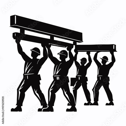 Four Construction Workers Carrying Heavy Beams