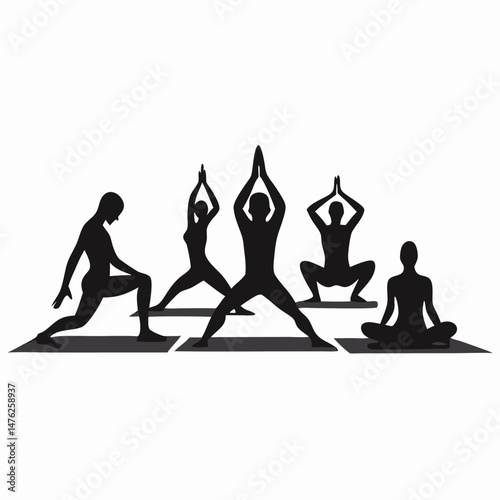 Yoga poses silhouettes, group fitness class, workout