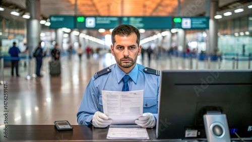 A uniformed officer inspects documents at an airport security checkpoint, with travelers and signs visible in the background.