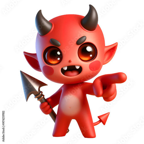 3D Cute demon pointing its finger isolated on white background