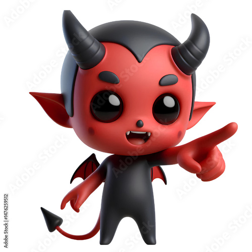 3D Cute demon pointing its finger isolated on white background