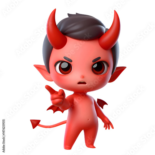 3D Cute demon pointing its finger isolated on white background