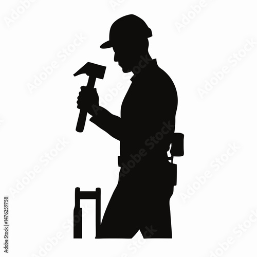 Construction Worker Silhouette: Hammer, Tool Belt, Building