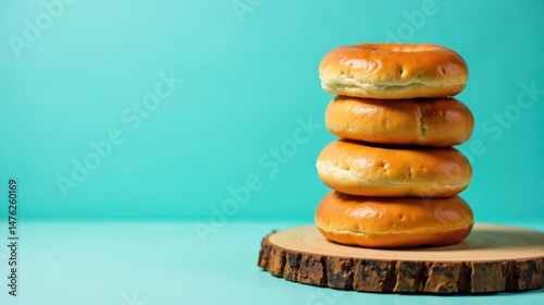 A Stack of Four Golden Brown Bread Rings on Rustic Wooden Slab Against a Teal Background