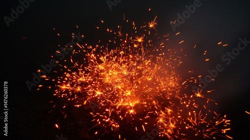 Sparkling Fire: A burst of fiery sparks illuminate the night sky, creating a mesmerizing spectacle of light and energy. The sparks dance and shimmer against the black canvas.