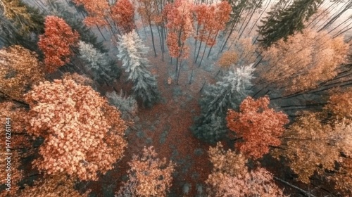 Autumn tree canopy with deep red, orange, and yellow hues, capturing the soft rustling sound of leaves. Perfect stock image for nature, seasonal change, and travel content.