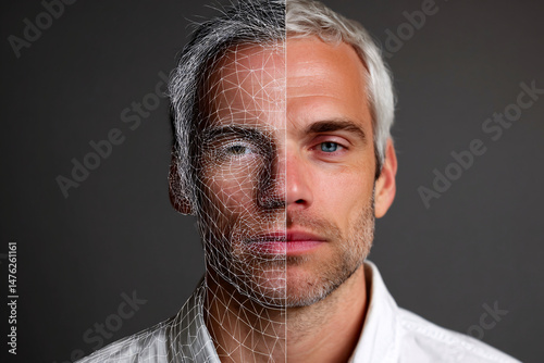 a digital wireframe figure gradually turning into a real person, symbolizing personal evolution