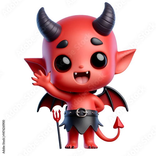 3D Cute demon waves his hand isolated on white background