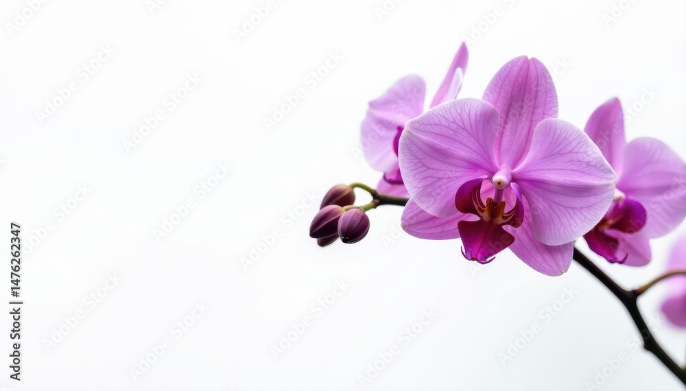 Elegant purple orchids bloom against a pure white backdrop , element, freshness, wedding Elegant purple orchids bloom against a pure white backdrop , element, freshness, wedding