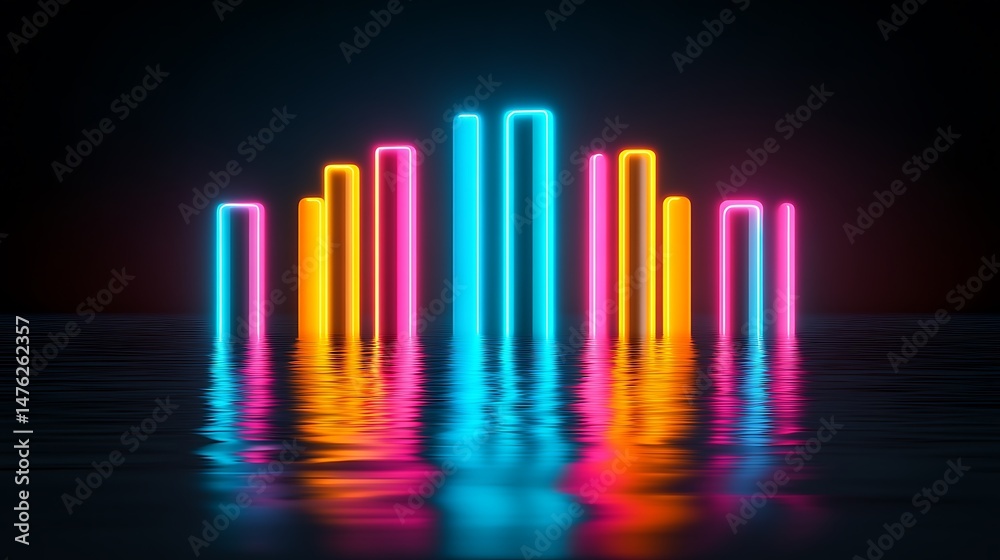 Fototapeta premium Vibrant Neon Light Bars Reflecting on Water Abstract Background Perfect for modern designs