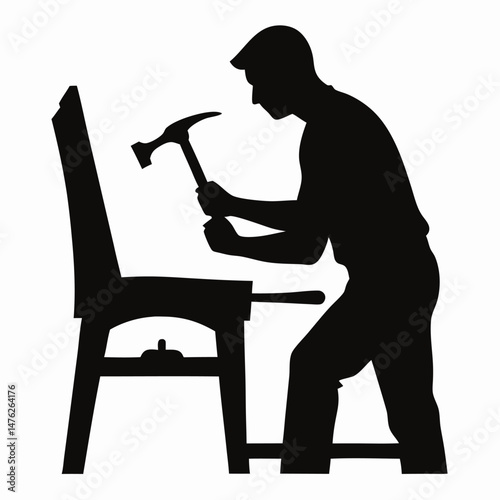 Silhouette of Carpenter Using Hammer on Wood