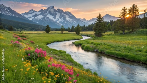 Scenic Mountain Landscape with Winding River, Wildflowers, and Golden Sunset Light