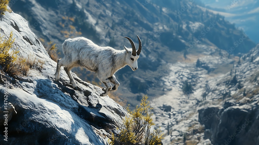 Naklejka premium Mountain goat scaling rocky cliff in natural landscape