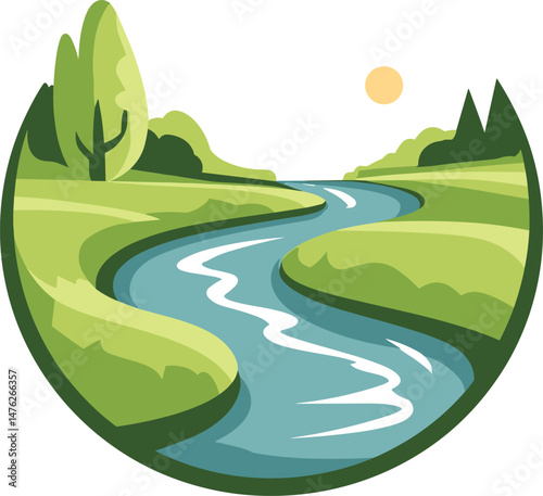 Flowing river through lush greenery under a bright sun cartoon isolated on transparent background. Vector illustration.