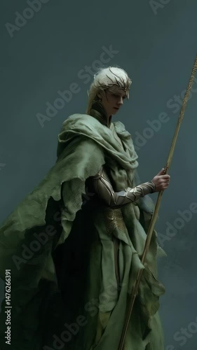 Fantasy elf female, wearing a long green cloak and decorative crown, holding a gold spear stands in a foggy mountain landscape.