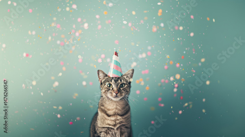 Wallpaper Mural Cute tabby cat wearing a colorful party hat, surrounded by falling confetti, creating a festive and playful mood. Torontodigital.ca