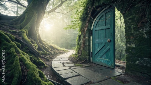 Mystical Forest Portal Ajar with Mossy Brick Archway and Stone Path Leading In