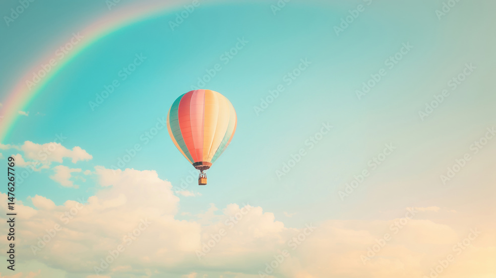 Naklejka premium Colorful hot air balloon soaring in a dreamy sky with a rainbow, symbolizing freedom, adventure, and serenity.