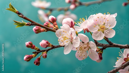 Close up of beautiful peach blossoms and buds on branch against blue background
