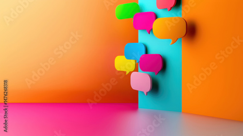 Brightly colored speech bubbles arranged on a vibrant orange and blue wall, symbolizing communication, conversation, or social media.