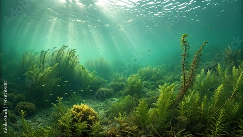 Sunlight Filtering Through a Lush Underwater Landscape Filled With Aquatic Plants