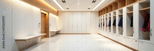 Modern locker room interior; white walls, wood accents, style, space